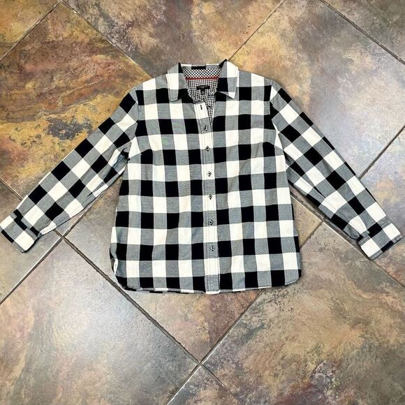 Talbots Petites Black White Buffalo Plaid Button Up MP - Picture 4 of 10